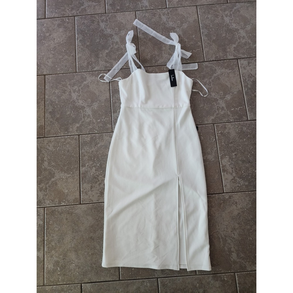 Lulus White Bodycon Midi Dress Sheer Tie Straps Side Slit Bridal Event Size M
